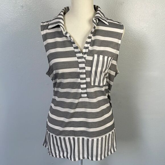 Ava James v-neck tank top.  Size Large.  Striped.  Black and white. - Picture 1 of 5